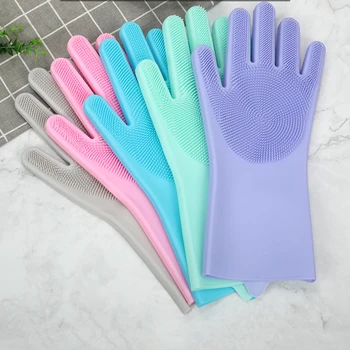 Silikone Rengøring Handsker Magic Opvask Skrubber Opvask Gummi Krat Køkken Pet Grooming 1Pair