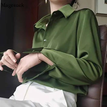 Silke Koreanske Kontor Damer Elegant Skjorte Bluse Kvindelige Løs Langærmet Toppe Avocado Grøn Skjorte, Vintage Tøj Kvinder 12610