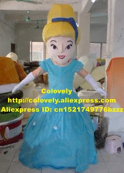 Smukke Blå Prinsesse Maskot Kostume Mascotte Rani Infanta Med Lang Blå Nederdel Yellow Busket Hår Voksen Størrelse No. 2750 Gratis Skibet