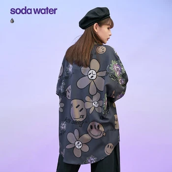SODAWATER Kvinder Skjorte 2020 Efteråret Smil Blomster Print Hip Hop-Shirts Kvindelige Oversize langærmet Skjorte Kvinde Smarte Toppe 2130W