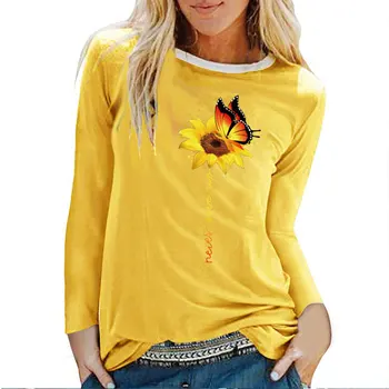 Solsikke Butterfly Aldrig Give Op Trykt langærmet T-shirts Kvinder Efterår og Vinter Kvinde Tshirt Bomuld Æstetiske Kvinde Tøj