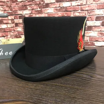 Sorte Mænd Uldne Fedora Hat Fladskærms Gale Hattemager-Top Hat Traditionelle Formand Part Hat Steampunk Magiske Hat med fjer
