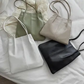 Stor kapacitet tasker dametasker nye enkle pu læder skulder taske tasker dametasker spand tasker