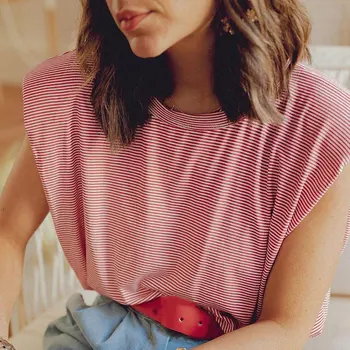 Stribet Shoulder Pad T-shirt Kvinder Solid Enkel O-hals uden Ærmer T-shirts Kvindelige 2020 Nye Mode Afslappet dame Toppe Tøj