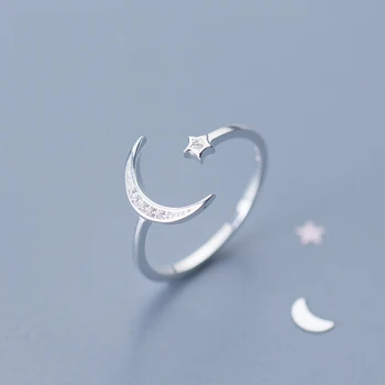 Søde Måne og Stjerne Justerbar 925 Sterling Sølv ring med Zirconia Bling Sten til Kvinder Mode, Bryllup, Engagement Smykker