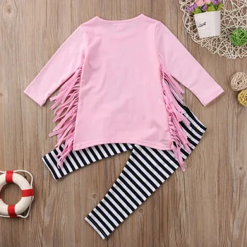 Toddler Pige Tøj Sæt Piger Fjer og Sort Pink Top+ Stribede Bukser Outfit Sæt 2stk Tøj Sæt 1-6Y