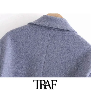 TRAF Kvinder Mode Dobbelt Breasted Løs Uldne Frakke Vintage Lange Ærmer, Lommer Kvindelige Overtøj Smarte Frakke