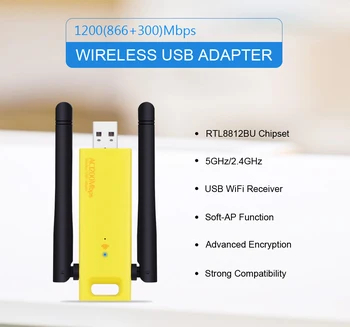 Trådløse Wifi-Adapter 1200mbps Dual Band 5 ghz 2.4 Ghz-Adapter 802.11 ac RTL8812BU/AU Chipset Antenne Dongle, Mini-USB-netværkskort