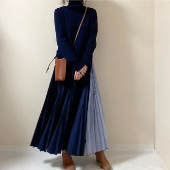 Trøjer Strikket Kjole koreanske Japan Style Kvinders Strik med Lange Ærmer Patchwork Maxi Kjole 2020 Elegante Femme Vestiods Ny