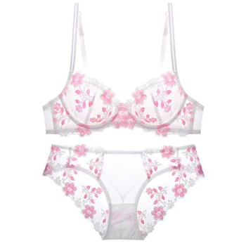 Tynd tynd gennemsigtig undertøj til piger sexy lace broderi, blomst hvid pink bra passer sommer