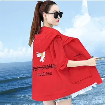 UHYTGF Sommer toppe jakke kvinder mode hooded Anti-UV-Åndbar plus size solbeskyttelse tøj langærmet tynd frakke 820