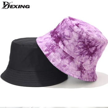 Uniexs dobbelt-sidet reversible fiskeren hat tie-dye black bucket hat for mænd