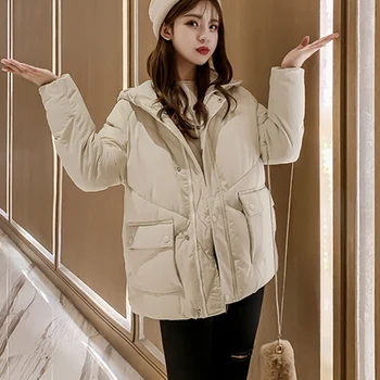 Vinter Jakke, Frakke Kvinder 2020 Koreansk Stil Hætteklædte Polstret Puffer Jakker Casual Beige Femme Parkacoats Efteråret Sort Kvinde Tøj