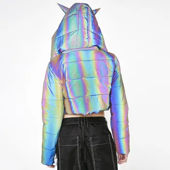 Vinter Varm Kvinder Rainbow Reflekterende Jakke Parka Hip Hop Mode Korte Lange Kvindelige Bomuld-Polstret Hooded Coat Afgrøde Top Dropshing