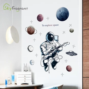 Wall sticker cartoon kids room dekoration hjem indretning soveværelse væg udsmykning univers astronaut dreng, rum udsmykning selvklæbende klistermærker,