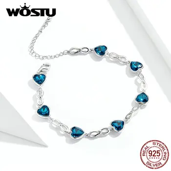 WOSTU 925 Sterling Sølv Ocean Hjerte Armbånd Til Kvinder Blå Østrigske Rhinestones Bryllup Oprindelige Armbånd Smykker FIB163