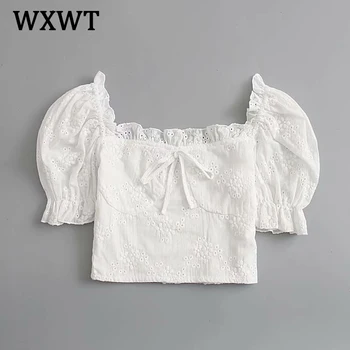 WXWT Fashion Kvinder Hvid Blonde Træ Øre Side Shirt, Toppe, Korte Ærmer Firkantet Krave Solid Kvindelige Sommer Chic Korte Bluser SDP9386