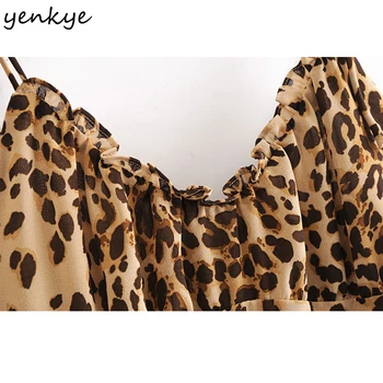 YENKYE Vintage Leopard Print Slynge Kjole Kvinder V-Hals uden Ærmer A-line Mini Kjole Kvindelige Sommeren Chiffon Sexy Robe