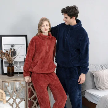 YRRFUOT 2020 Winter Plus Velvet Fortykkelse Komfort Bomuld Velour Pyjamas Enkle Casual Skjorte Lynlås Par Varme Homewear Passer til