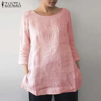 ZANZEA 2021 Vintage Casual Linned Toppe til Kvinder Sommer Bluse Mode O-Hals og 3/4 Ærmer Kvindelige Solid Blusas Plus Size Tunika